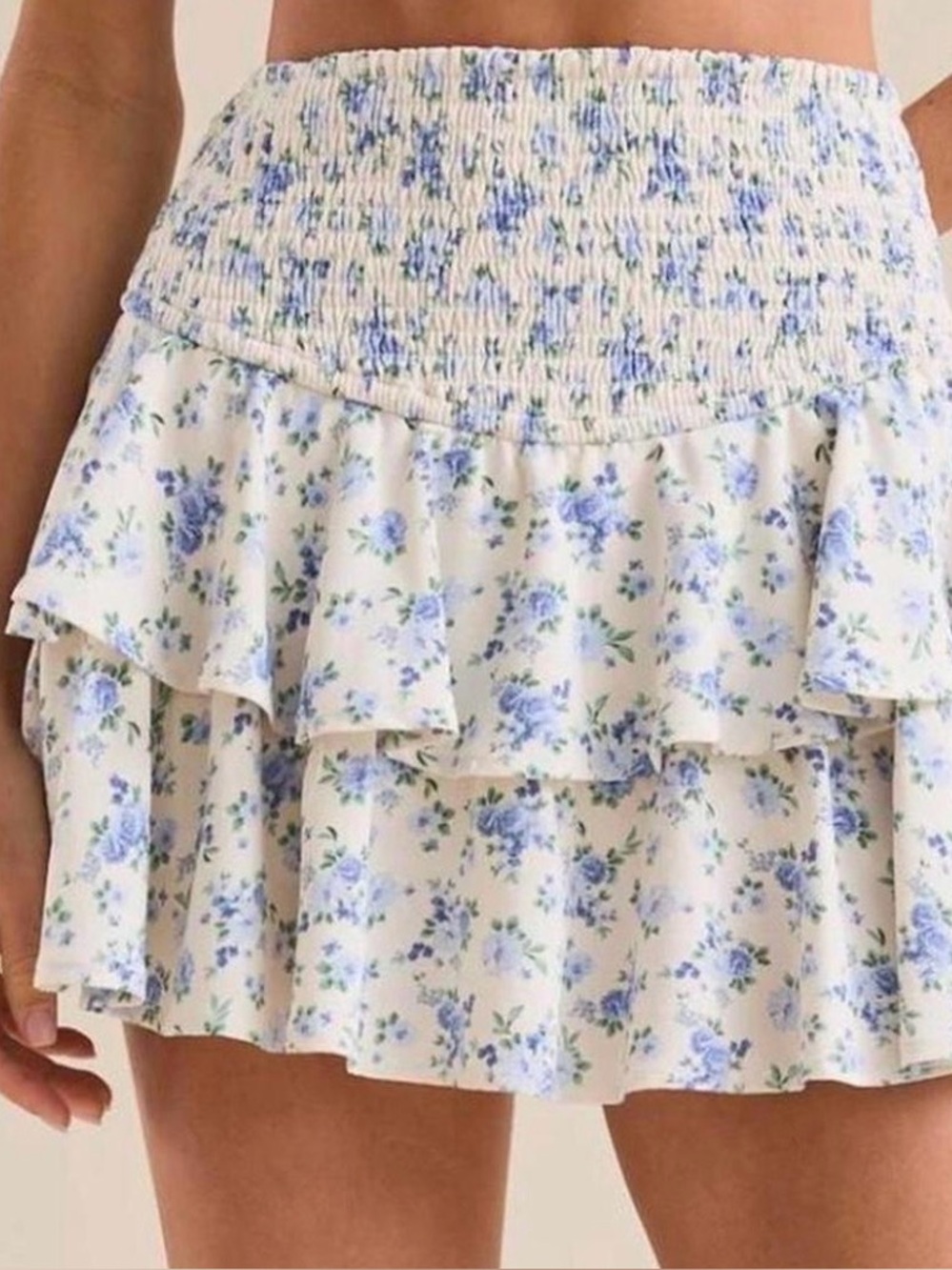 Altar'd State White and Light Blue Floral Ruffle Mini Skirt